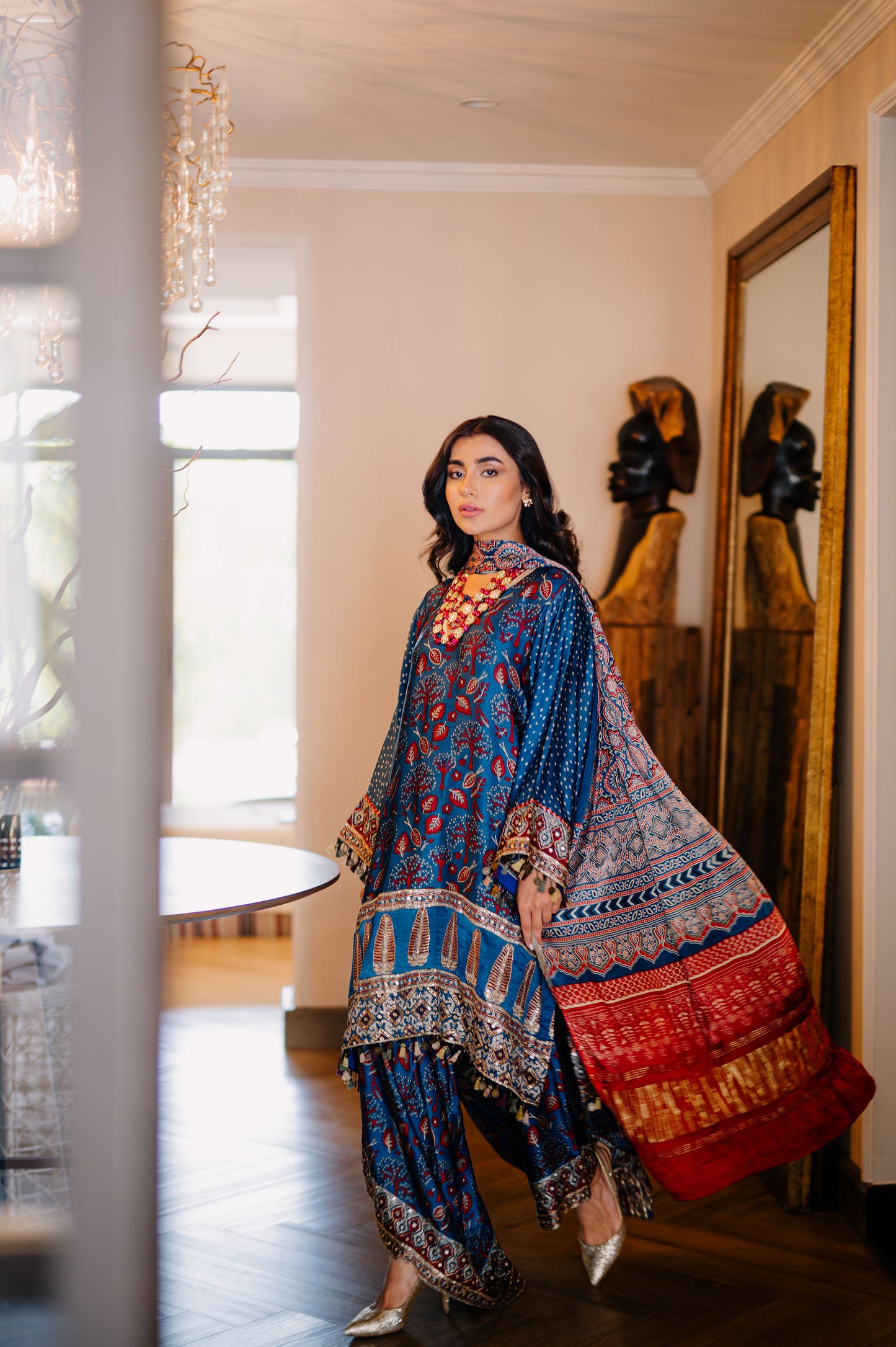 Teal Ajrak Silk Suit