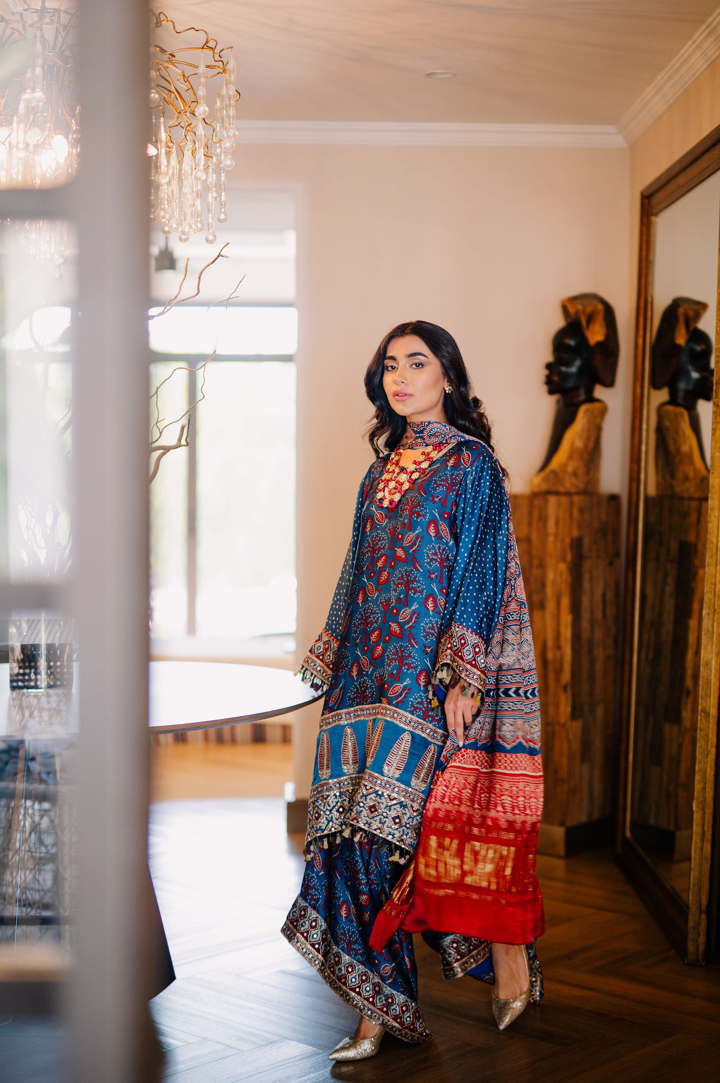 Teal Ajrak Silk Suit