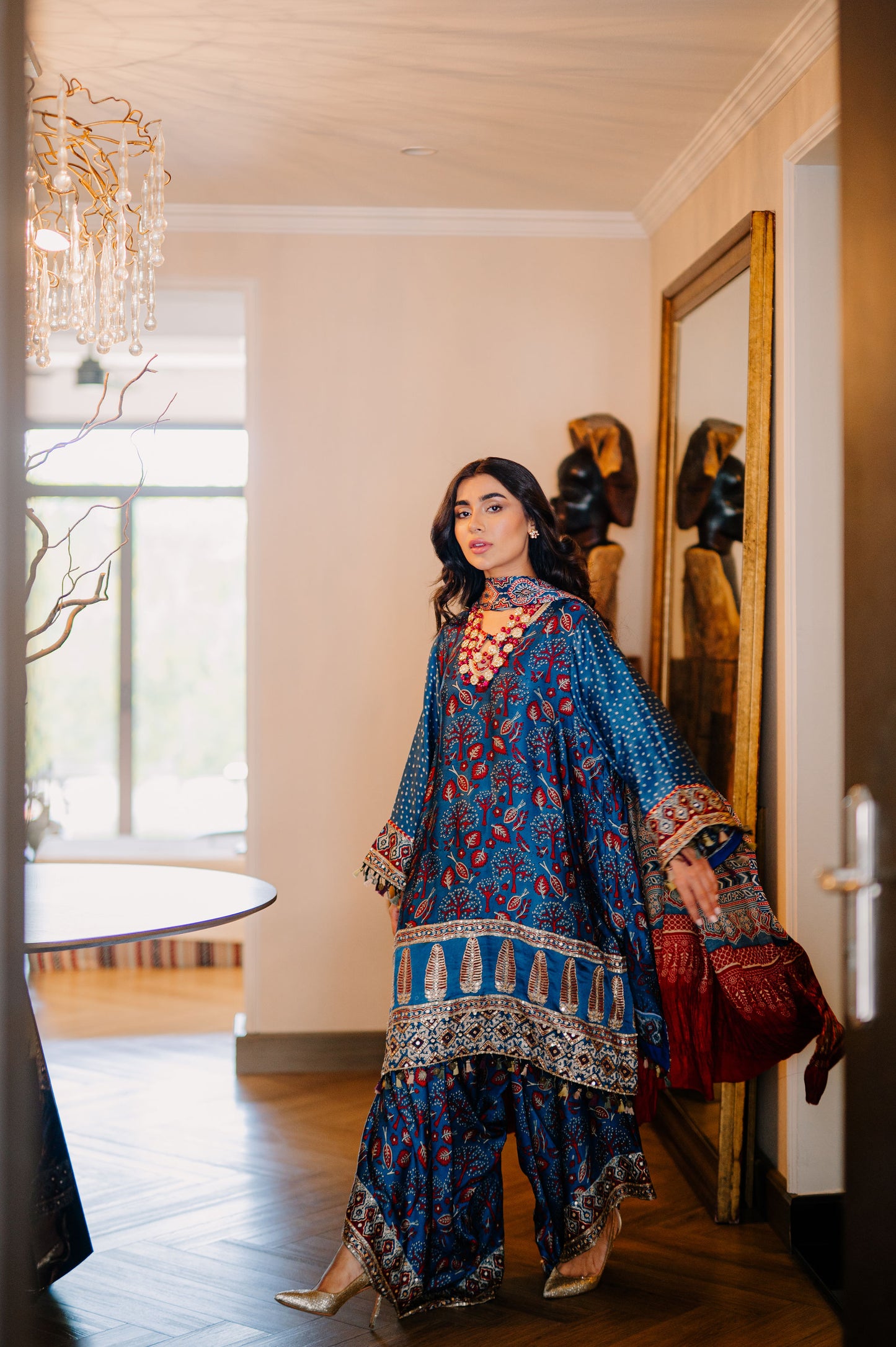 Teal Ajrak Silk Suit