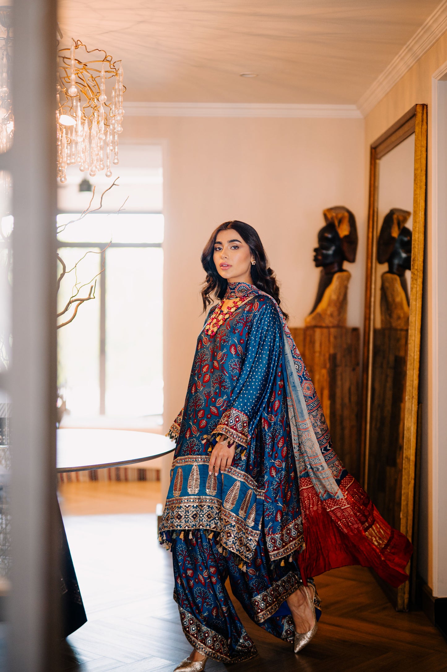 Teal Ajrak Silk Suit