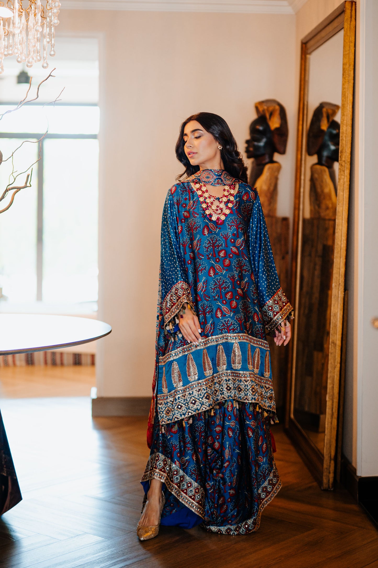 Teal Ajrak Silk Suit