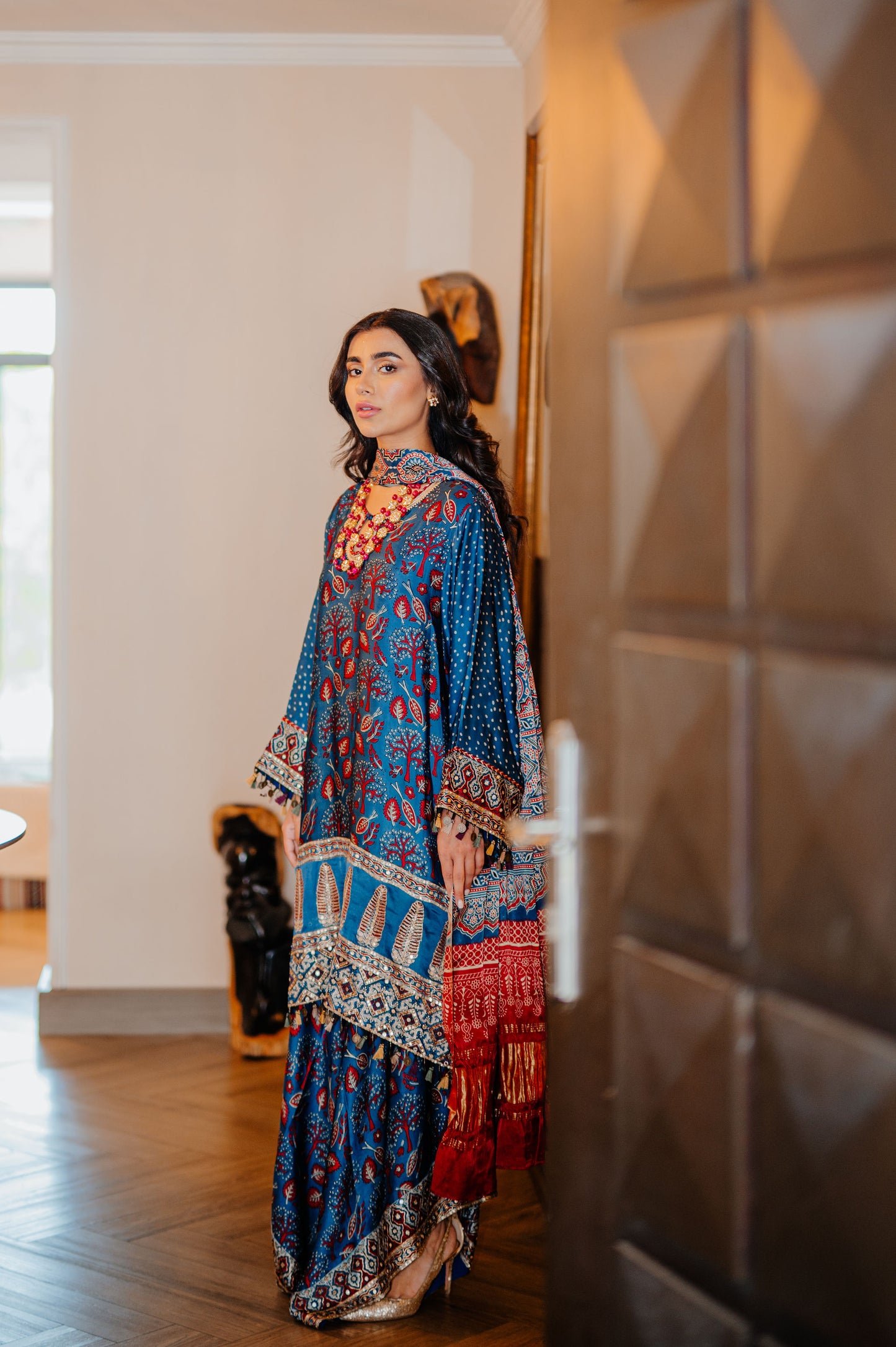 Teal Ajrak Silk Suit