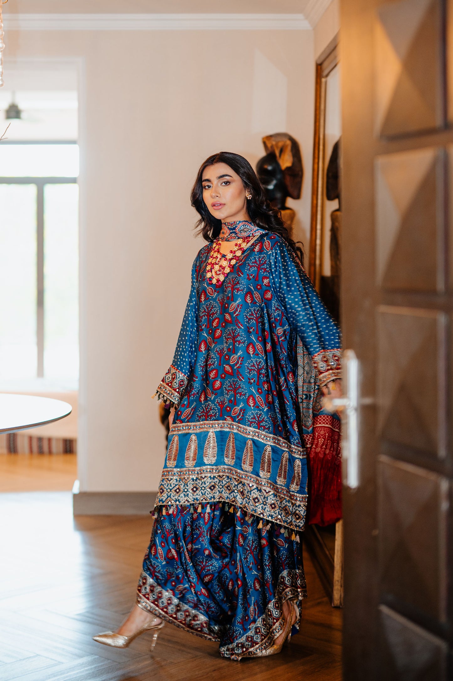 Teal Ajrak Silk Suit