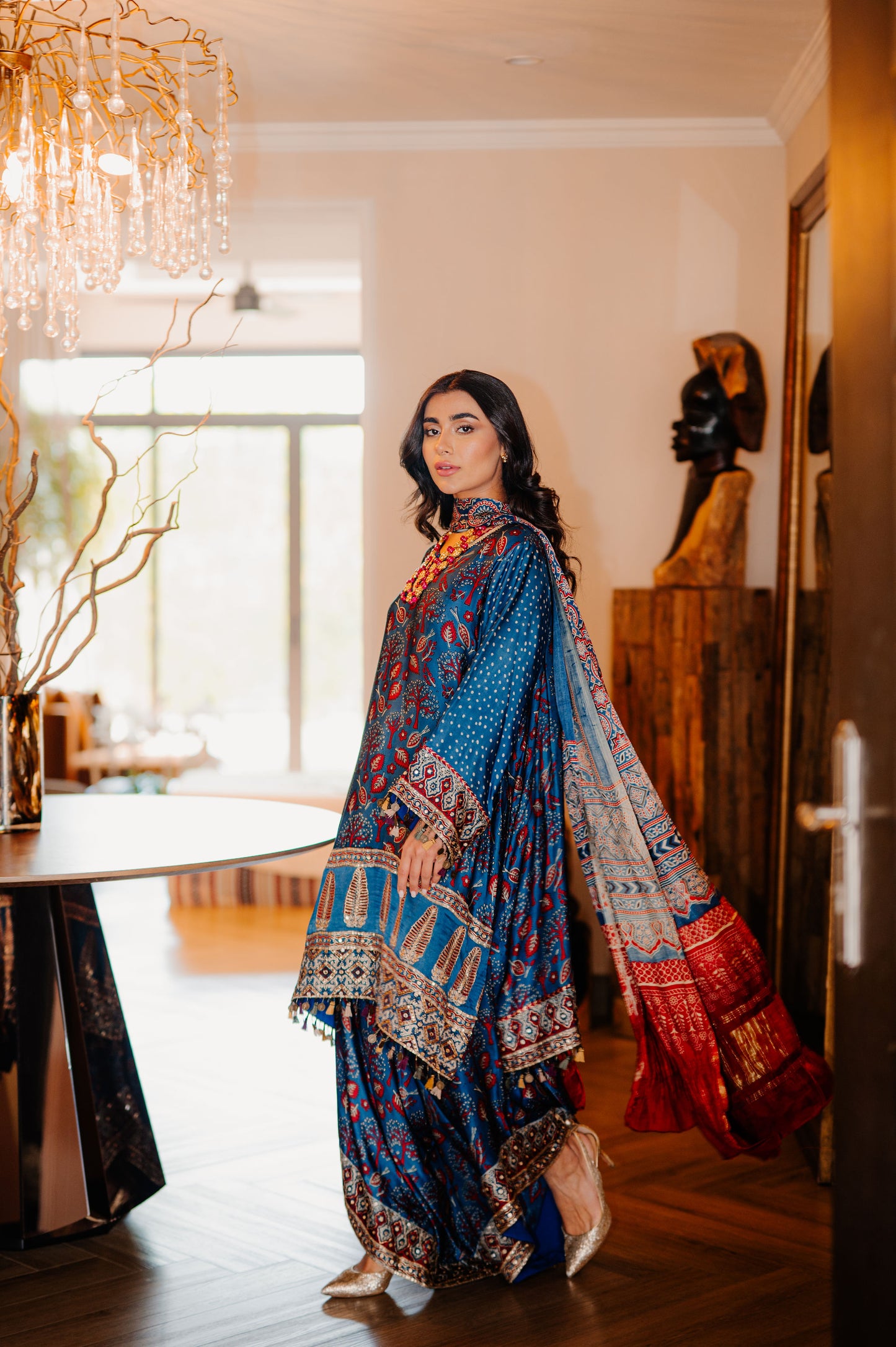Teal Ajrak Silk Suit