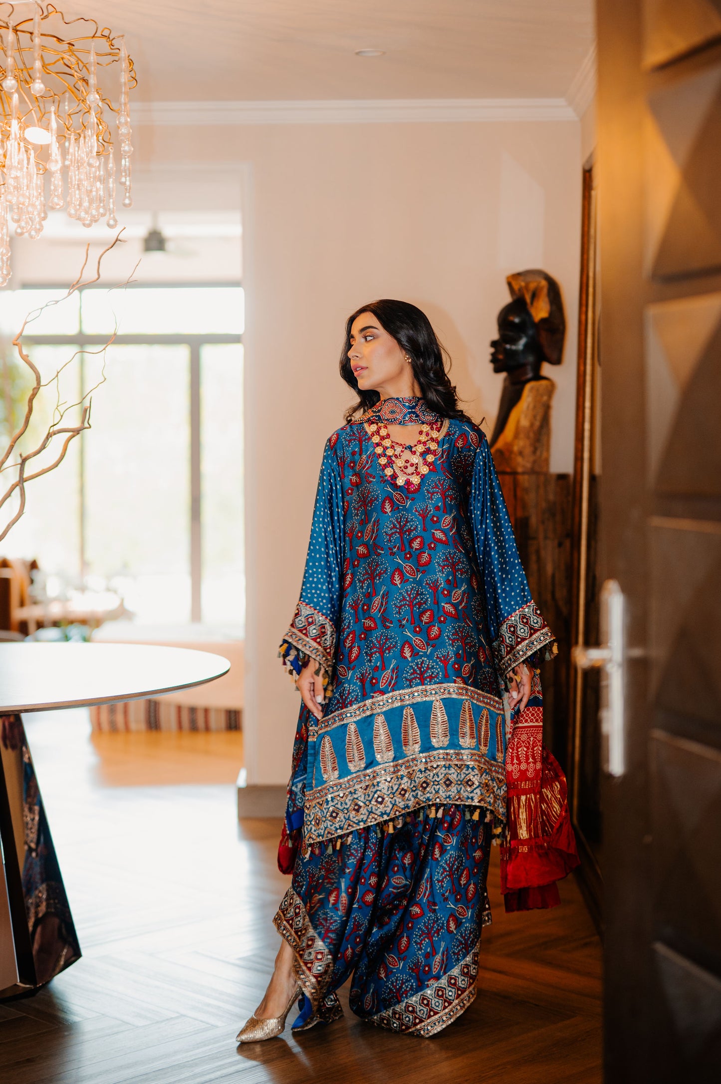 Teal Ajrak Silk Suit
