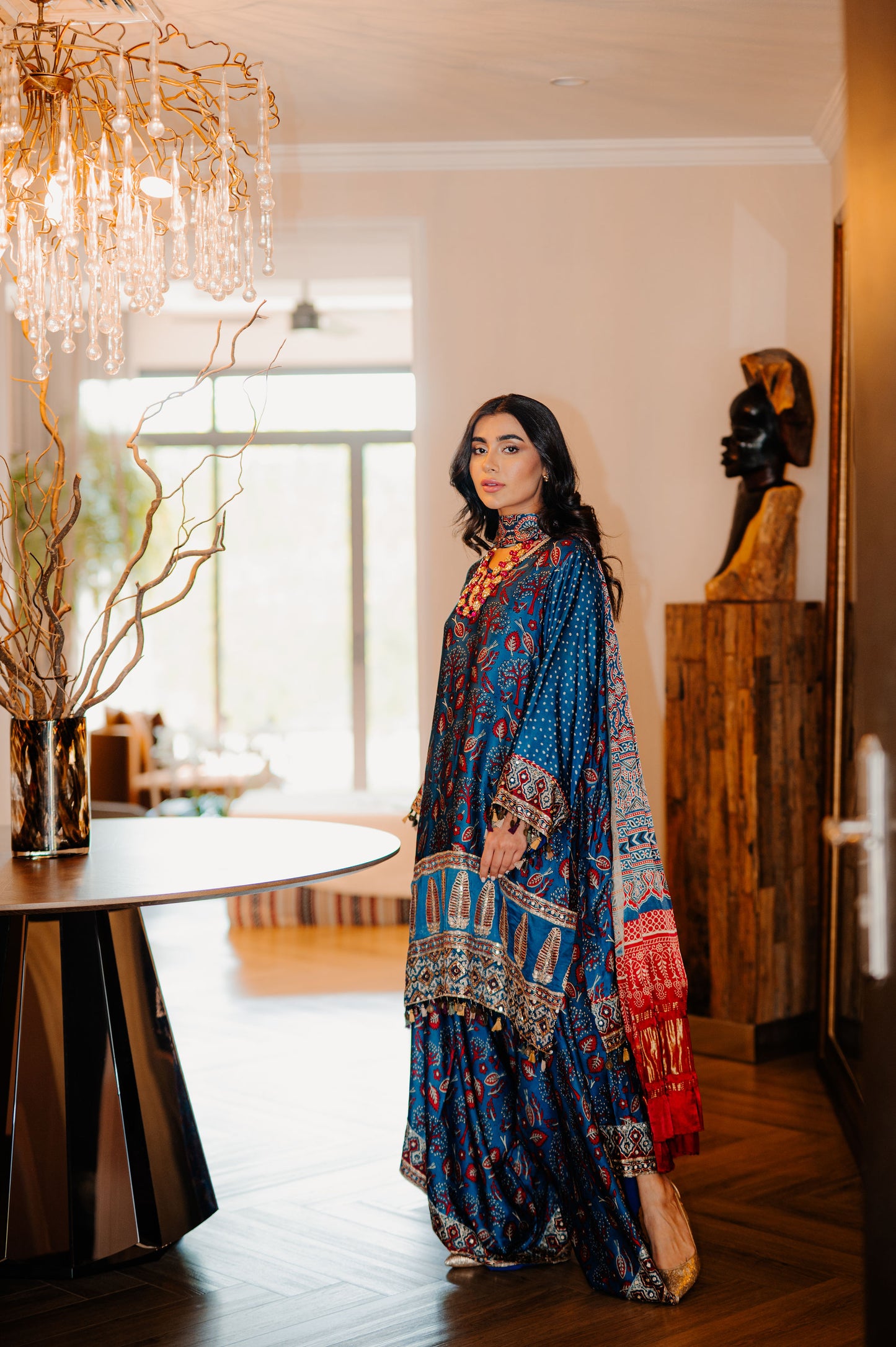 Teal Ajrak Silk Suit