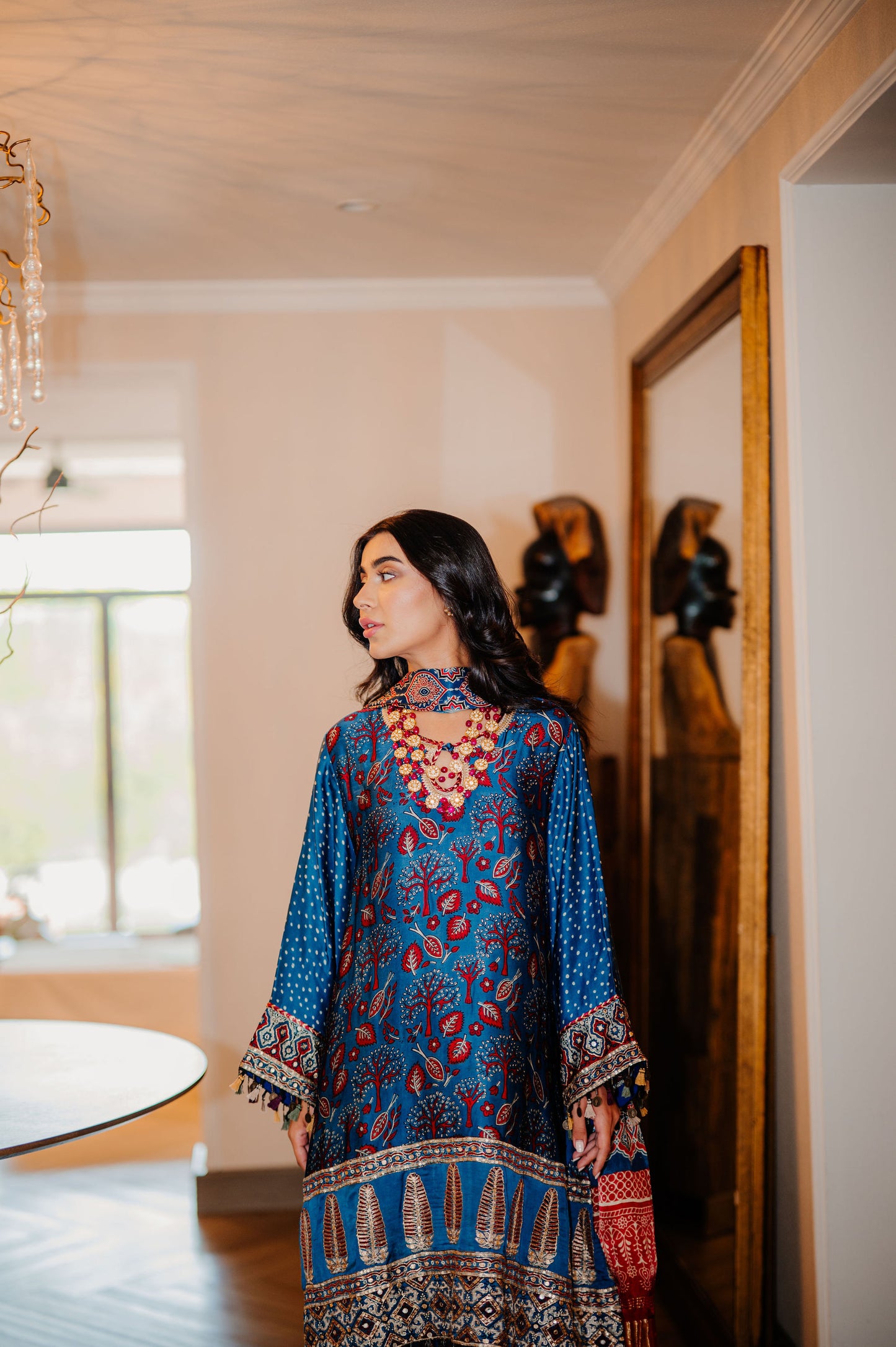 Teal Ajrak Silk Suit
