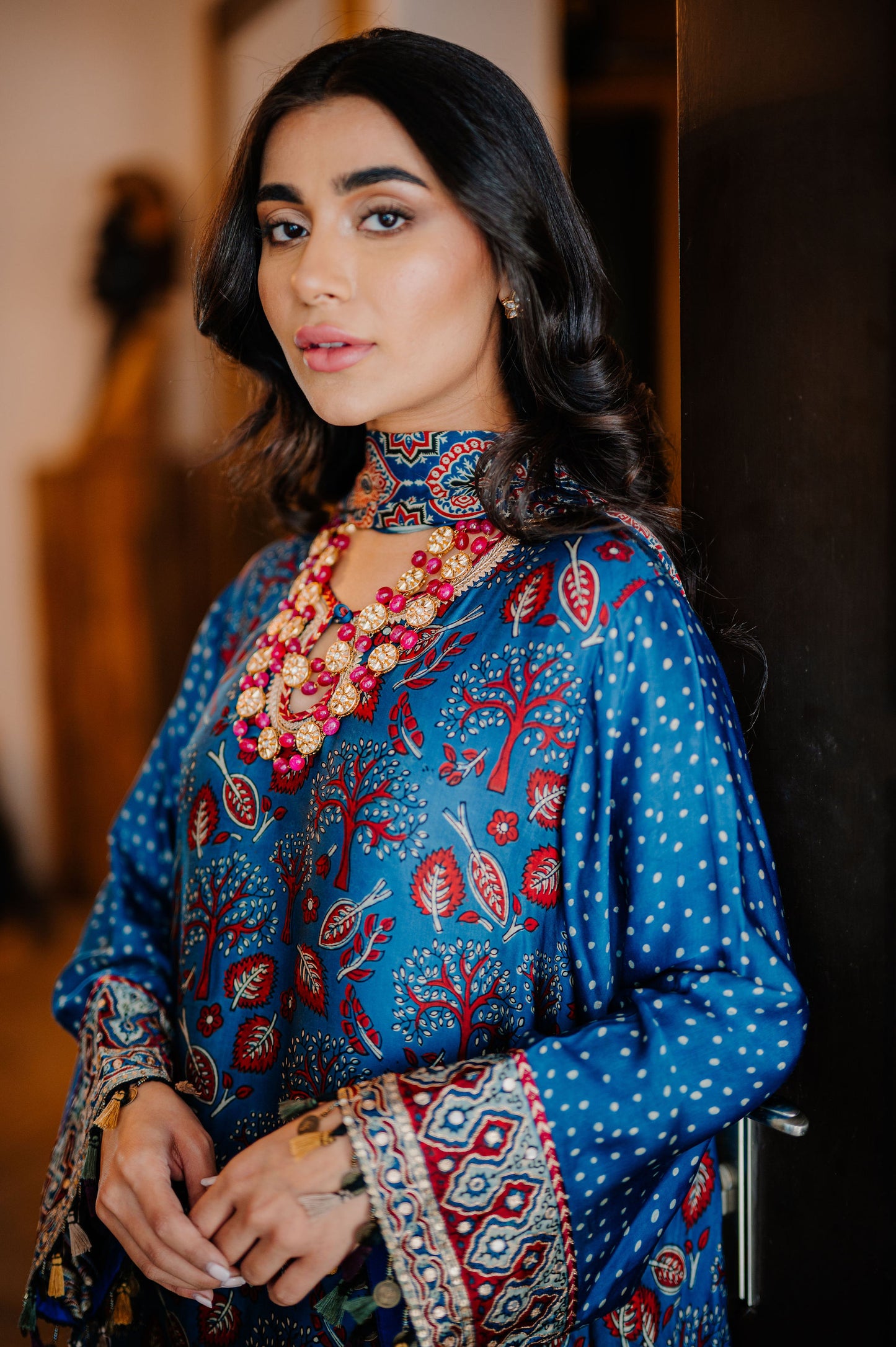 Teal Ajrak Silk Suit