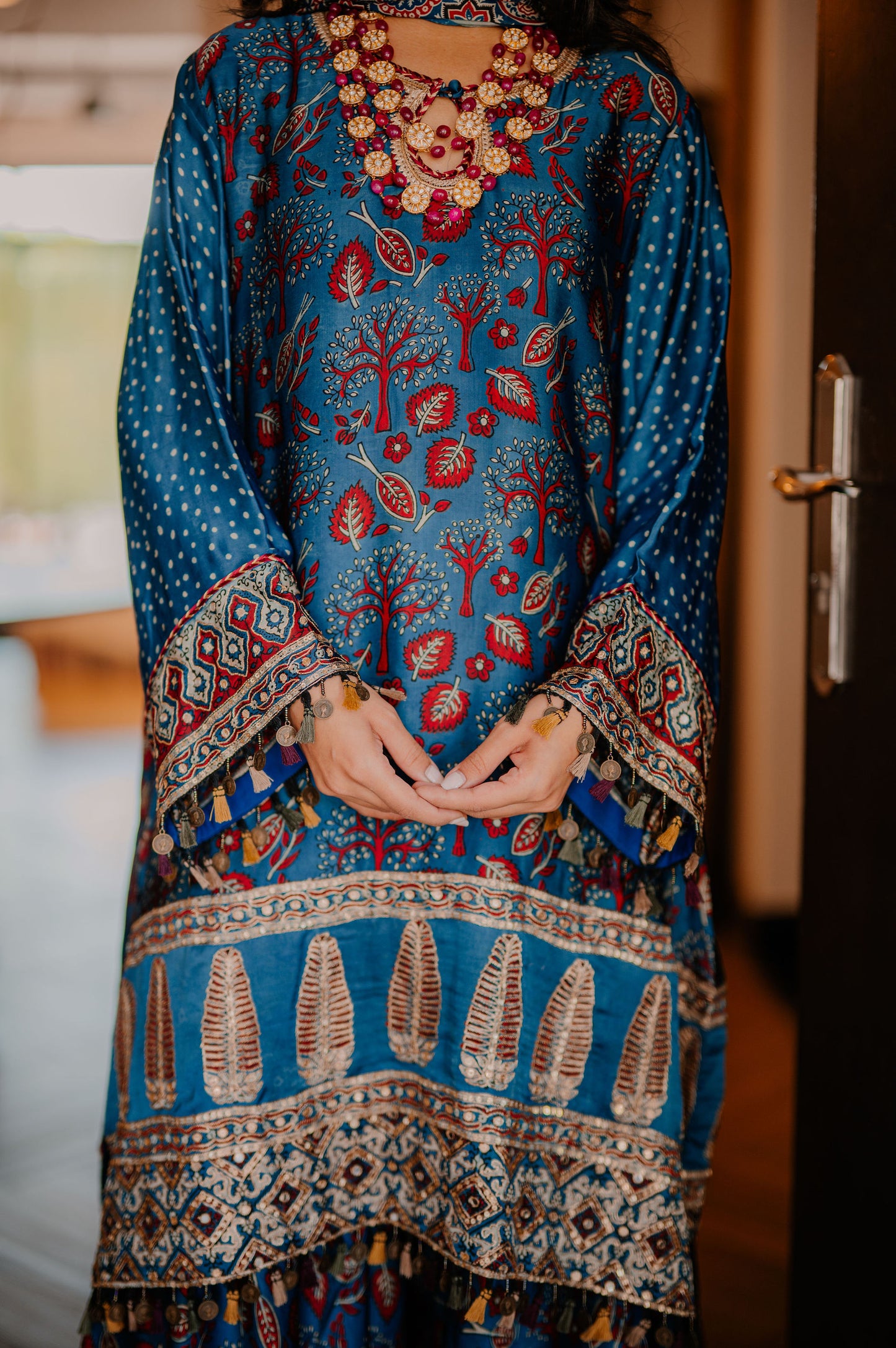 Teal Ajrak Silk Suit