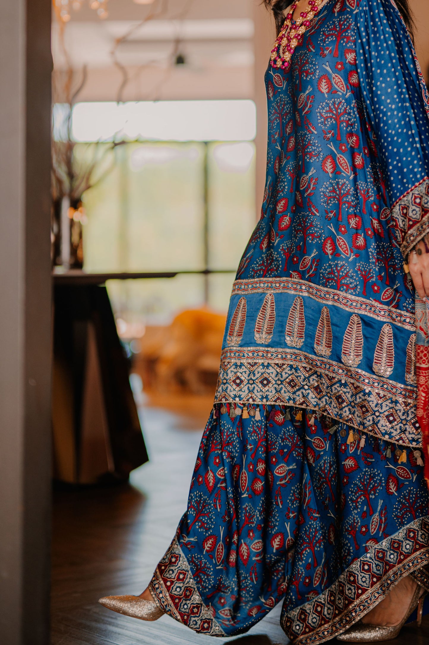 Teal Ajrak Silk Suit