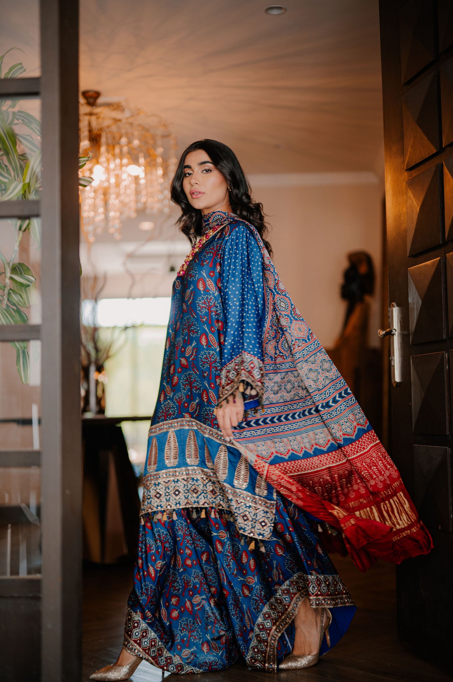 Teal Ajrak Silk Suit