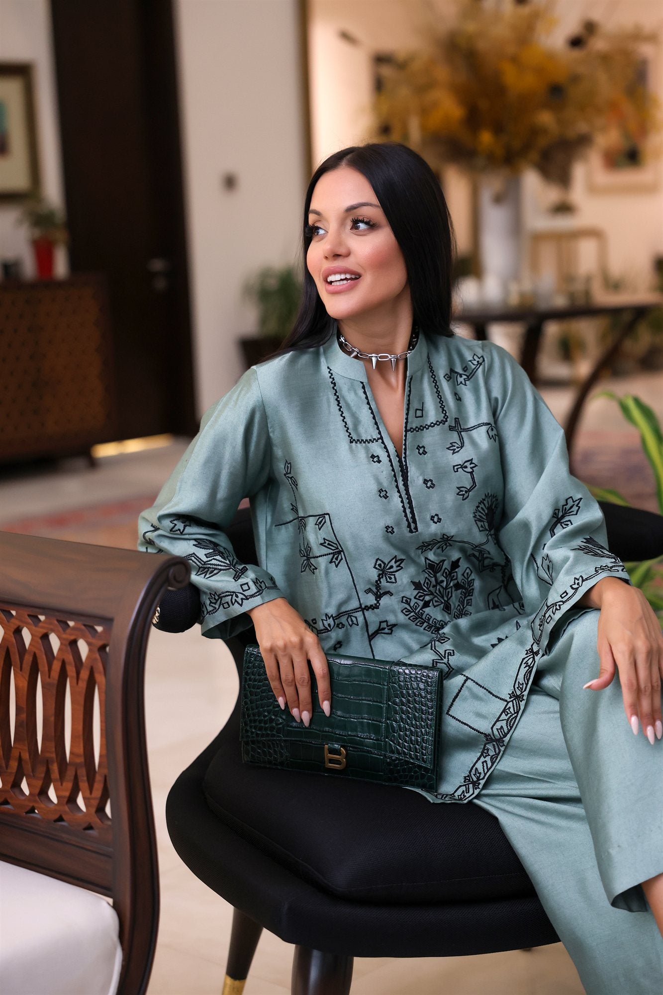 MILA Sage Green Linear Embroidered Silk Co-ord Set